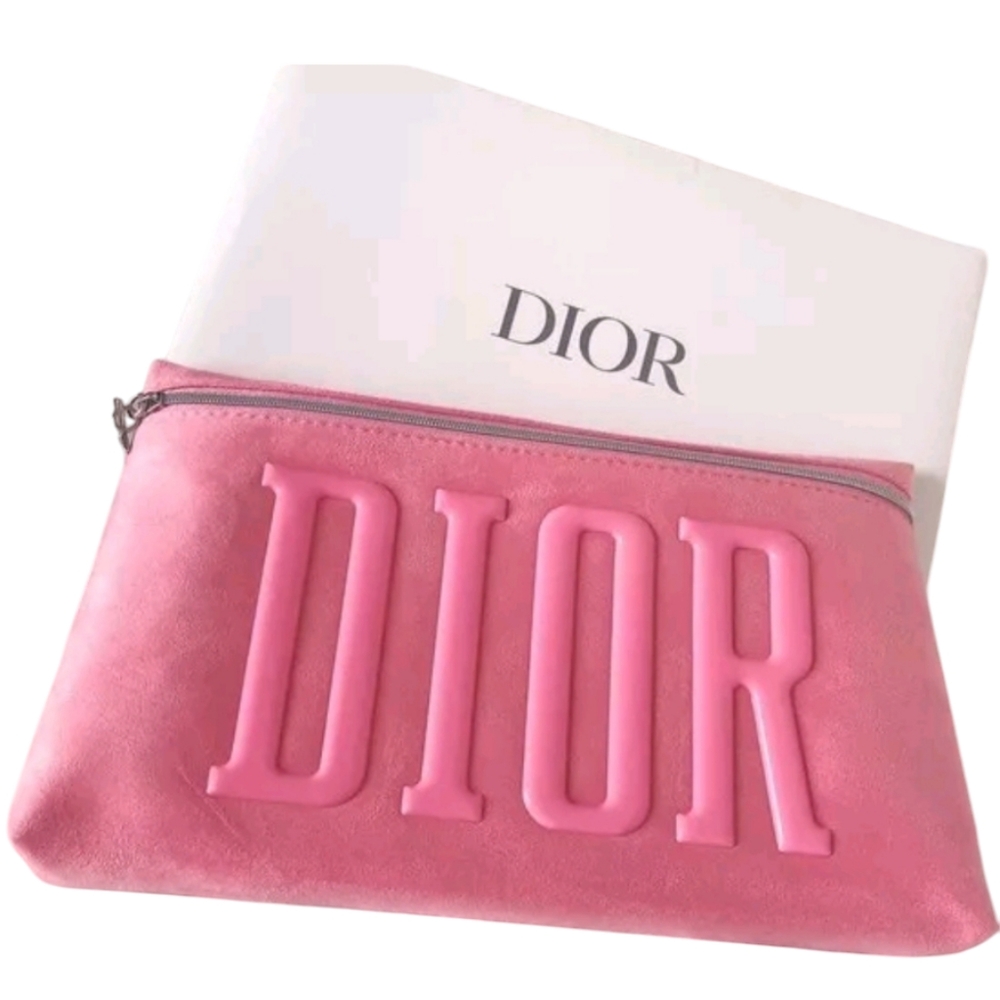 Dior Pink Suede Pouch with Silver Logo Zip NIB